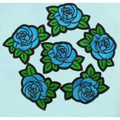 10Pcs Blue Rose Flower Embroidery Patch Stripes for Clothes Iron On DIY Bag Applique Stickers for Clothes Sew Badges Patchwork