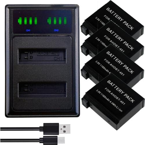 4Pcs 1600mAh AHDBT-401 AHBBP-401 Battery + LED Dual USB Charger for Gopro Hero 4 Batteries Hero4 Action Camera Accessories