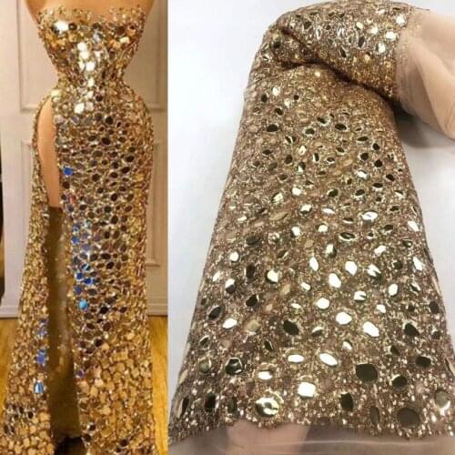 5yards/pc) High quality gold African French lace latest gold sequins net lace fabric with wonderful embroidery for party FZX055