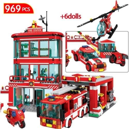 969pcs City Police Firefighter Figures Bricks Fire Station Fire Truck Car Helicopter Building Blocks Toys for Children