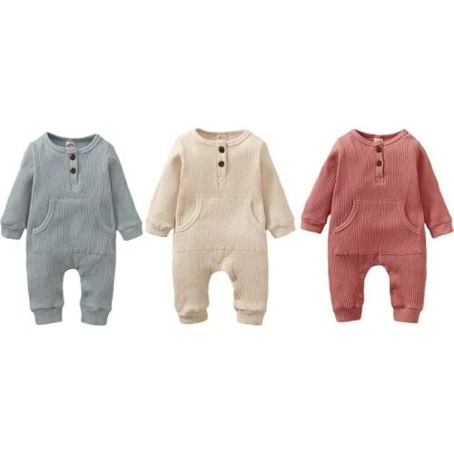 Infant Baby Romper Boys Girls Long Sleeve Solid O-Neck Rompers With Pocket Baby Jumpsuit