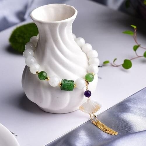 Natural Hetian White Stone 10mm Round Bead Bracelet With Variety Charms Bangle Lucky for Women Versatile Fashion Jewelry