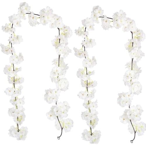 2Pcs Artificial Cherry Blossom Vine White Petal Flowers Forever Plants Garland for Home Decoration Wedding Party Garden
