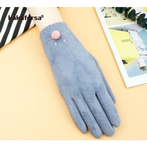 Kakaforsa Elegant Female Winter Pink Warm Gloves Cute Cat Suede Touchscreen Glove Wrist Mittens Fashion Women Gloves QK
