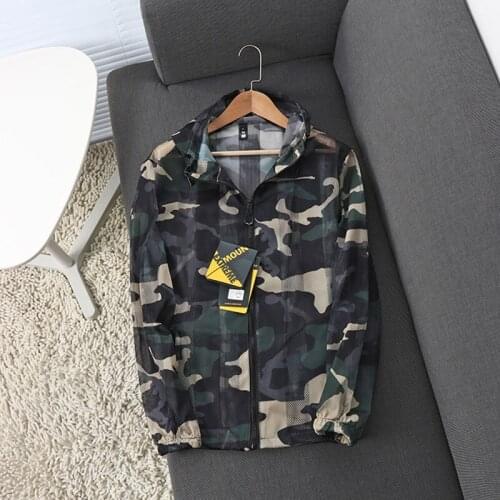Camouflage Hollow Out Mesh Breathable Sun-Protective Quick-drying Coat Mens Outdoor Hiking Fishing Long sleeve Hooded Jacket