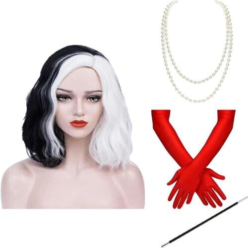 Movie Cruella De Vil Cosplay Props Wig Necklace Gloves Cigarette Stick Accessories Full Sets Women Girls Halloween Role Play