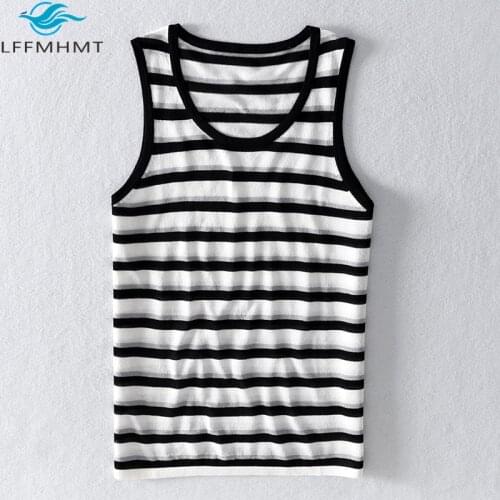 Men Summer Casual Cotton Linen Yarn Dye Vest Korean Japan Style Striped Sleeveless Top Round Neck Simple Pullover Navy Tank Male