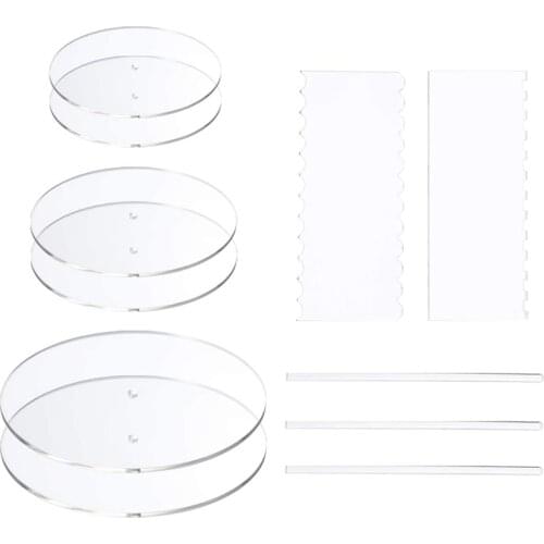 HOT-Acrylic Round Cake Disk Set - Cake Discs Circle Base Boards with Center Hole - 2 Comb Scrapers (4 Patterns) & Dowel Rod