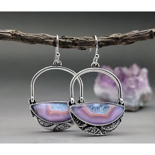 Oxidized Vintage Lock Shape Artificial Purple Stone Drop Earrings for Women Trendy Bohemian Gypsy Jewelry Wholesale