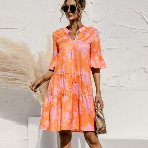 Floral Print Women Dress Stitching Casual Short Sleeve V-neck Mini Dresses Female Flared Sleeves Holiday Sexy Ladies Sundress