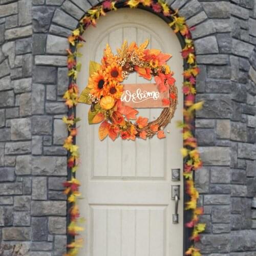 Sunflower Maple Leaf Wreath Emulational Wall Mount Thanksgiving Decoration Autumn Wooden Sign Half Wreath Halloween Ornaments