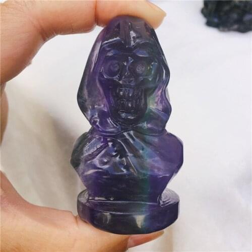 Natural Fluorite Crystal Stone Carved Skull Statue Hand Carved Healing Crystal Home Decoration Halloween Gift