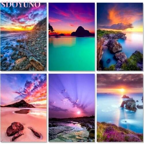 SDOYUNO 60x75cm DIY Oil Painting By Numbers Seaside Landscape Home Bedroom Wall Artwork Coloring By Numbers 40x50cm Handmade Gif
