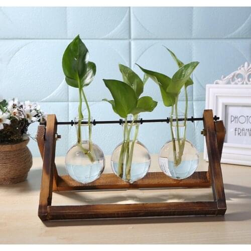Glass and Wood Vase Planter Terrarium Table Desktop Hydroponics Plant Bonsai Hanging Pots Flower Pot with Wooden Tray Home Decor