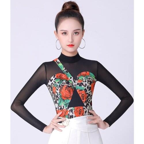Square Dance New Tops Turtleneck Mesh Sexy Sailor Costumes Latin Dance Practice Clothes One-Piece Printing Stitching Chest Pad