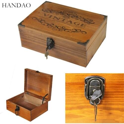 Vintage Wood Storage Box With Lock Sundries Postcard Makeup Organizer Handmade Craft Jewelry Case Wooden Box Casket