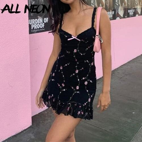 ALLNeon E-girl Vintage Floral Embroidery Mesh Black Dress Pastel Goth Y2K Ruffles V-neck A-line Cami Dresses Fairy Outfits Cute