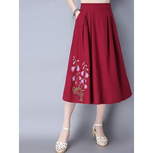 Spring Summer Vintage Women Casual Red Navy Embroidery A Line Linen Skirt , Female Womens Clothes Elastic High Waisted Skirts