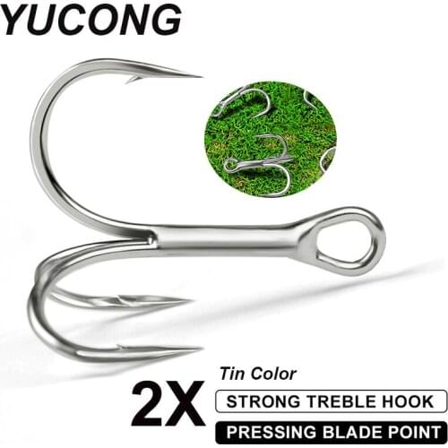 YUCONG 50PCS Strong 2X Treble Hooks 10#-3/0# High Carbon Steel Fishing Hooks Tin Color Triple Barbed Fishhooks Bass Lure Hooks