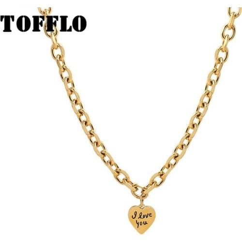 TOFFLO Stainless Steel Jewelry Hip Hop Square Necklace Love Sweet Cool Necklace Women Fashion Link Chain BSP850
