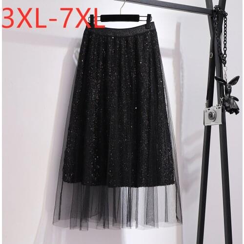 New 2021 summer plus size long skirt for women large casual loose black sequin gauze a line pleated skirts 3XL 4XL 5XL 6XL 7XL
