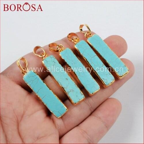 BOROSA Rectangle Gold Color Blue Howlite Stone Bar Pendant Bead,Drusy Natural Stones Pendant for Jewelry DIY G0453