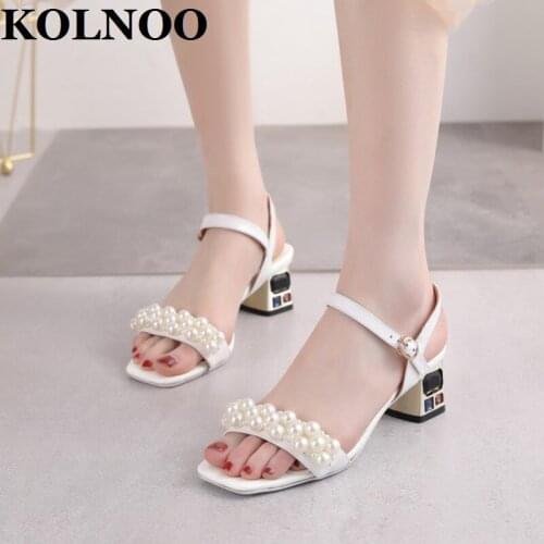KOLNOO New Arrival Handmade Womens Chunky Heels Sandals String Bead Pearls Sexy Party Prom School Evening Fashion Summer Shoes