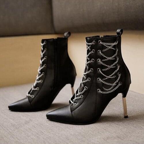 Hot Zip Metal Chains Rivet Motorcycle Boots Women Shoes Super High Heels Platform Ankle Boots Punk Rock Gothic Biker Boots 34-43