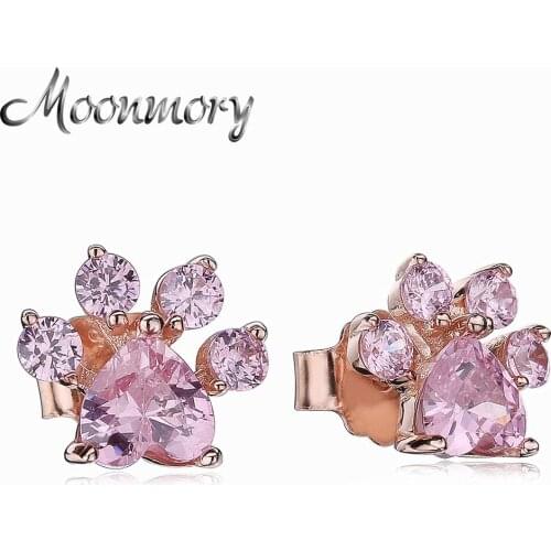 Moonmory Real 925 Sterling Silver Bears Paw Stud Earrings With Pink Crystal For Women Fine Women Jewelry Romantic Santa Gift