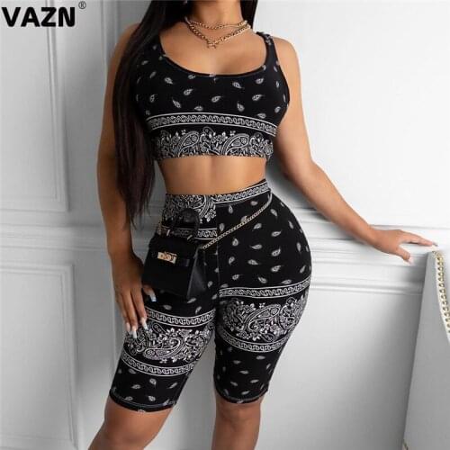 VAZN 2020 Biker Shorts Set Ladies Tracksuit Female Summer Matching Sets Holiday Street Sleeveless BarCasual Suit Women Tracksuit