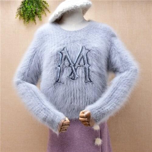 Ladies women fashion grey hairy mink cashmere knitted long sleeves cute Letter long sleeve o-neck striped loose pullover sweater