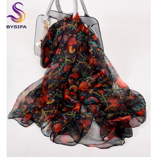 [BYSIFA] Ladies Red Black Silk Scarf Shawl 2018 New Floral Design Spring Fall Long Scarves 170*105cm Elegant Thin Neck Scarves