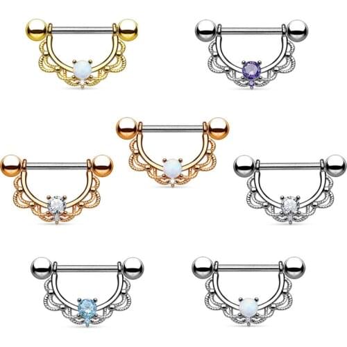 Euramerican Popular Stainless Steel Zircon Nipple Ring Body Jewelry for Women White Opal Straight Bar 14G 16MM