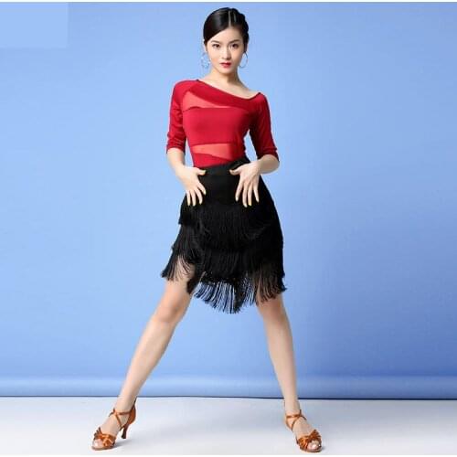 NEW 2020 Women Dance Clothes Ballroom Dress Samba Sexy Party Dresses Stretchy Mesh One-piece Elastic Latin Costume (Top + Skirt)