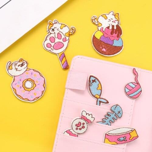 Cute Cat Cake Embroidery Cloth Sticker Candy Fish DIY Childrens Clothing Bag Hat Fun Accessories Bagel Milk Patch 5pcs