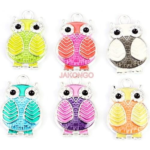 6pcs/lot Silver Plated Enamel Colorful Owl Charms Pendants for Jewelry Making DIY Handmade Craft Accessories 20x13mm
