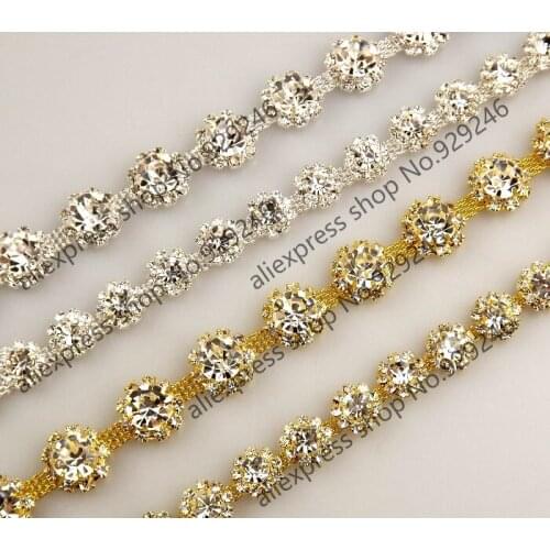 Free shipping 1 yard/pack delicate sunflower AB clear white crystal rhinestone chain fancy gold applique garment bags decoration