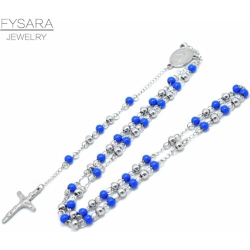 FYSARA Multi-Color Pray Rosary Cross Necklace for Unisex Male Jewelry Religious Jesus Stainless Steel Long Beads Necklace