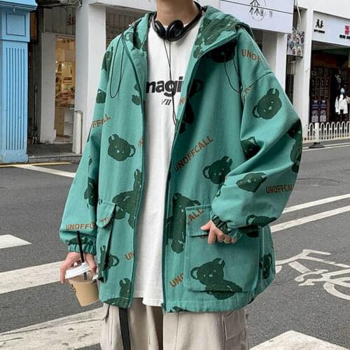 Lovely Bear Varsity Jacket Men Spring Autumn Korean Fashion Trend Loose Hooded Streetwear Preppy Style All-match Hip-hop Sports