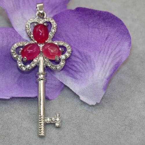 Hot Sale Charms Flower Key Pendant 33*70mm Red Stone Inlay Silver-color Fashion Women Party Gifts Elegant Diy Jewelry B3036