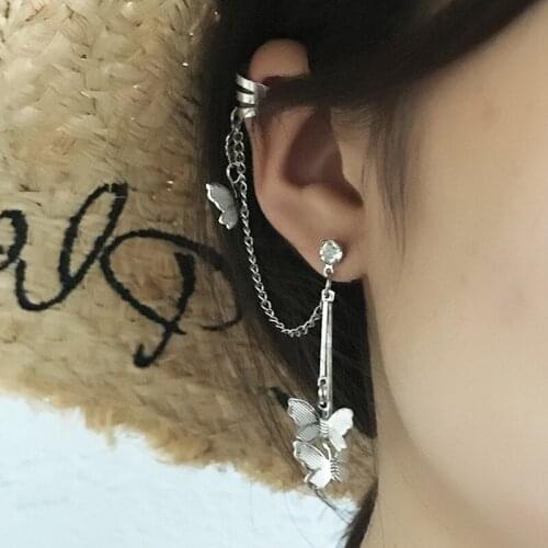Fashion Silver Color Tassel Chain Clip Earrings Women Personality Ear Cuff Exquisite Butterfly Pendant Long Earrings Jewelry
