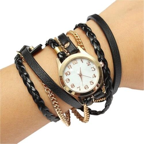 Fashion Women Retro Synthetic Leather Strap Watch Bracelet Wristwatch-Black