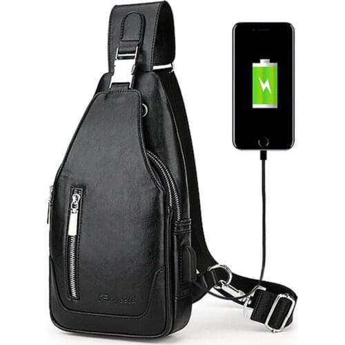 Mens Chest Bag PU Leather Chest Pack USB Backbag With Headphone Hole Functional Travel Organizer Male Sling Bag Messenger bag