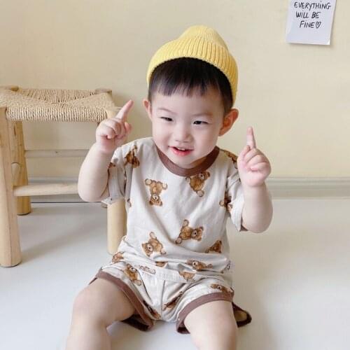 Summer New Casual Kids Clothes Sets Lovely Bear Printing Baby Boy Girl Short Sleeve T-Shirt+Shorts Soft Cozy Outfits for Infants