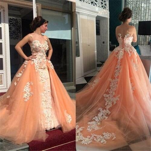 Custom Luxury 2020 New Elegant White Applique Orange Tulle Wedding Dress Detachable train Bridal Gowns vestido de noiva