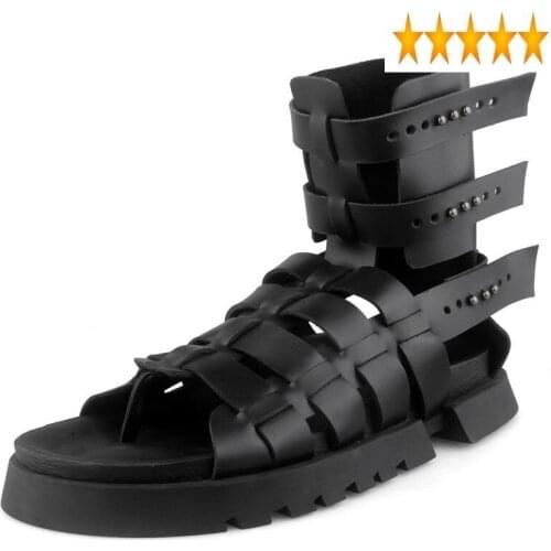 Gladiator High Top Shoes Harajuku Mens Open Toe Thick Bottom Genuine Leather Roman Sandals Male Summer Fashion Outside Sandal