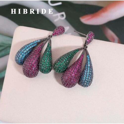 HIBRIDE Fashion Brincos Colorful AAA Micro CZ Pave Big Bangle Drop Earrings Women Wedding Party Jewelry Engagement Earring E-891