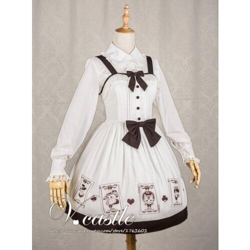 Super Cute Girls Cat Pokers Printing JSK Lolita Dress Sleeveless Lace Trim Big Bows Back Tie One Piece Color White