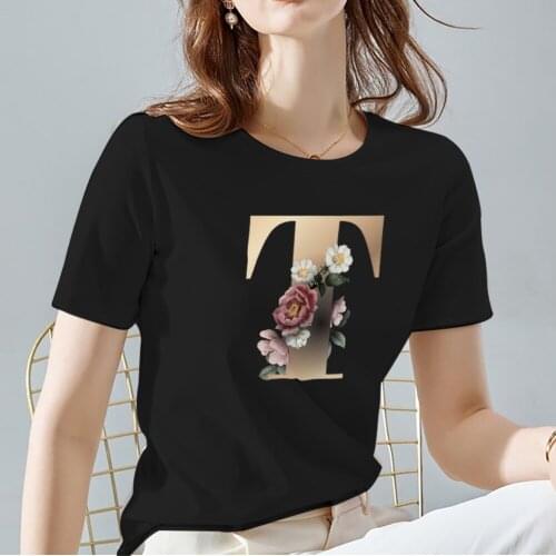 Street Womens T-shirt Fashion All-match Black O-neck Blouse Personality Letter Pattern Printing Womens Short-sleeved Shirt