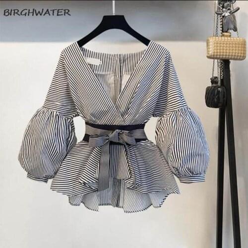 Blouses Women Fashion 2020 Summer Elegant Korean Clothing For Womens Lantern Sleeve Bow V-neck Shirts Striped Female Shirts Tops